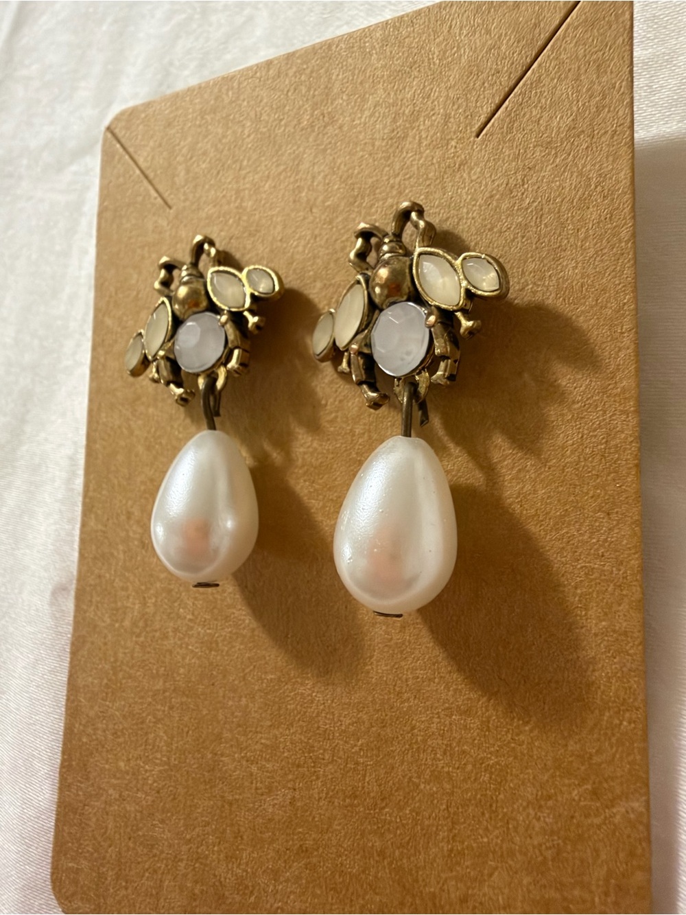 White Pearl Drop Bee Earrings - Picture 2 of 3